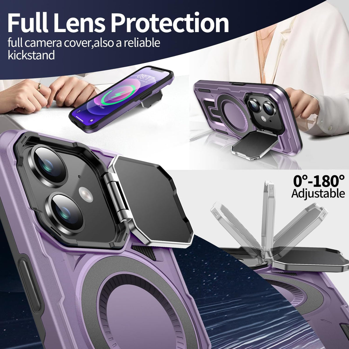 Camera Stand Case for iPhone 12/12 Pro, [Compatible with Mag Safe] [Lens Cover] 2024 Version Military Grade Protective Soft Case for iPhone 12/12 Pro 6.1 inch Men Women, Purple