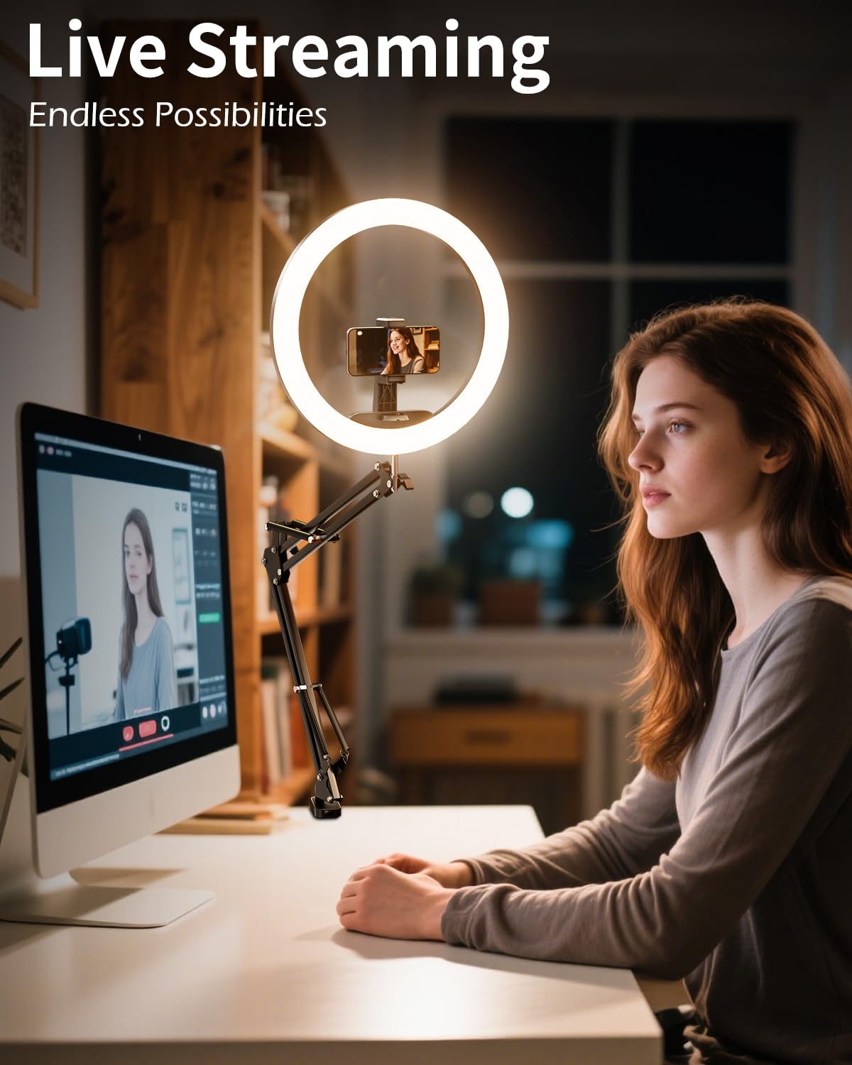 UBeesize 12’’ Overhead Ring Light for Desk with Phone Mount, LED Selfie Light with Adjustable Arm & Clamp, Dimmable Lighting for Video Recording