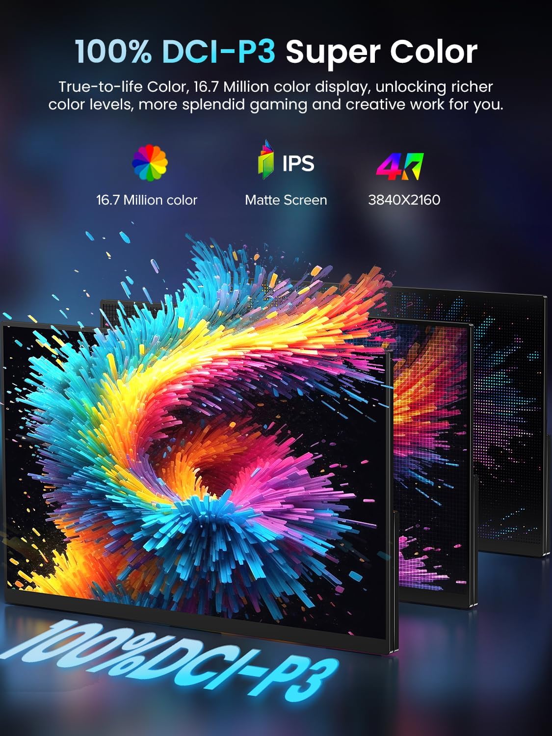Newsoul Portable Monitor 4K, 120Hz Gaming Monitors 3840 * 2160 UHD, 100% DCI-P3, 1500:1 Contrast, FreeSync 0.1ms, Built-in Stand & Speaker, USB-C HDMI Portable Screen for Laptop, Phone, Game Console