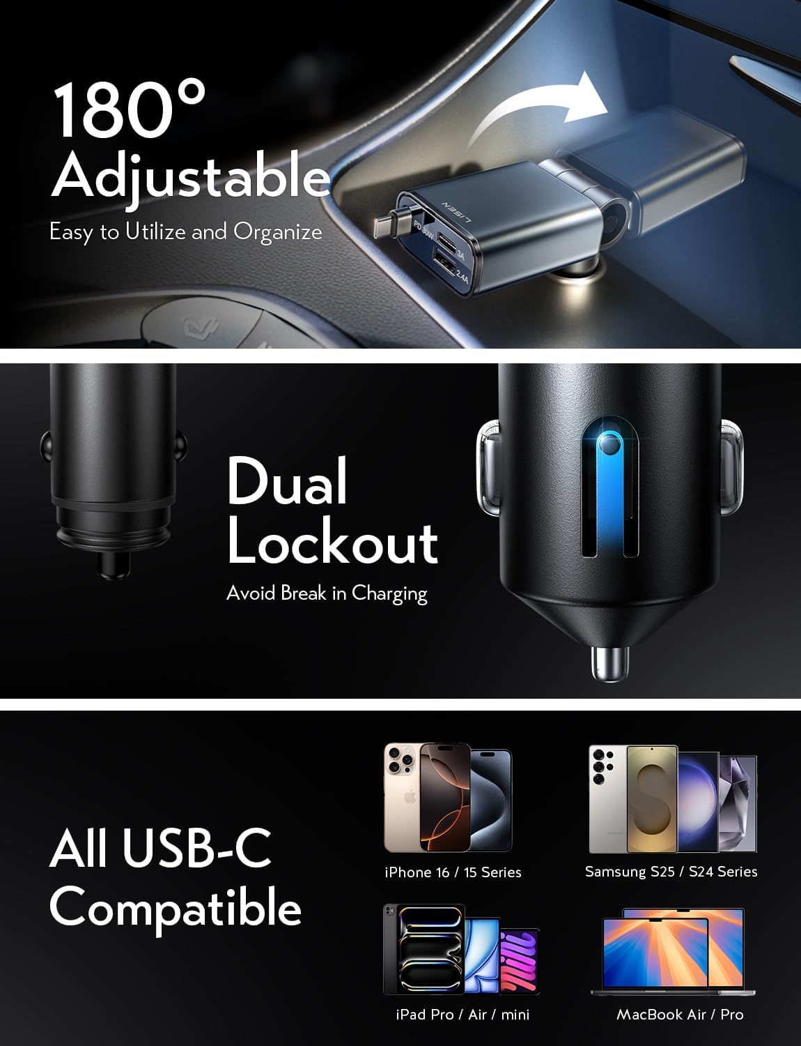 LISEN Car Charger USB C Fast Charging Retractable,【75% Less,Ultra Mini】 57W Fast iPhone 16/15 USBC Type C Car Charger Retractable for iPhone 16e 16 15 Pro Max Plus，Samsung Galaxy S25/24，Android,Black
