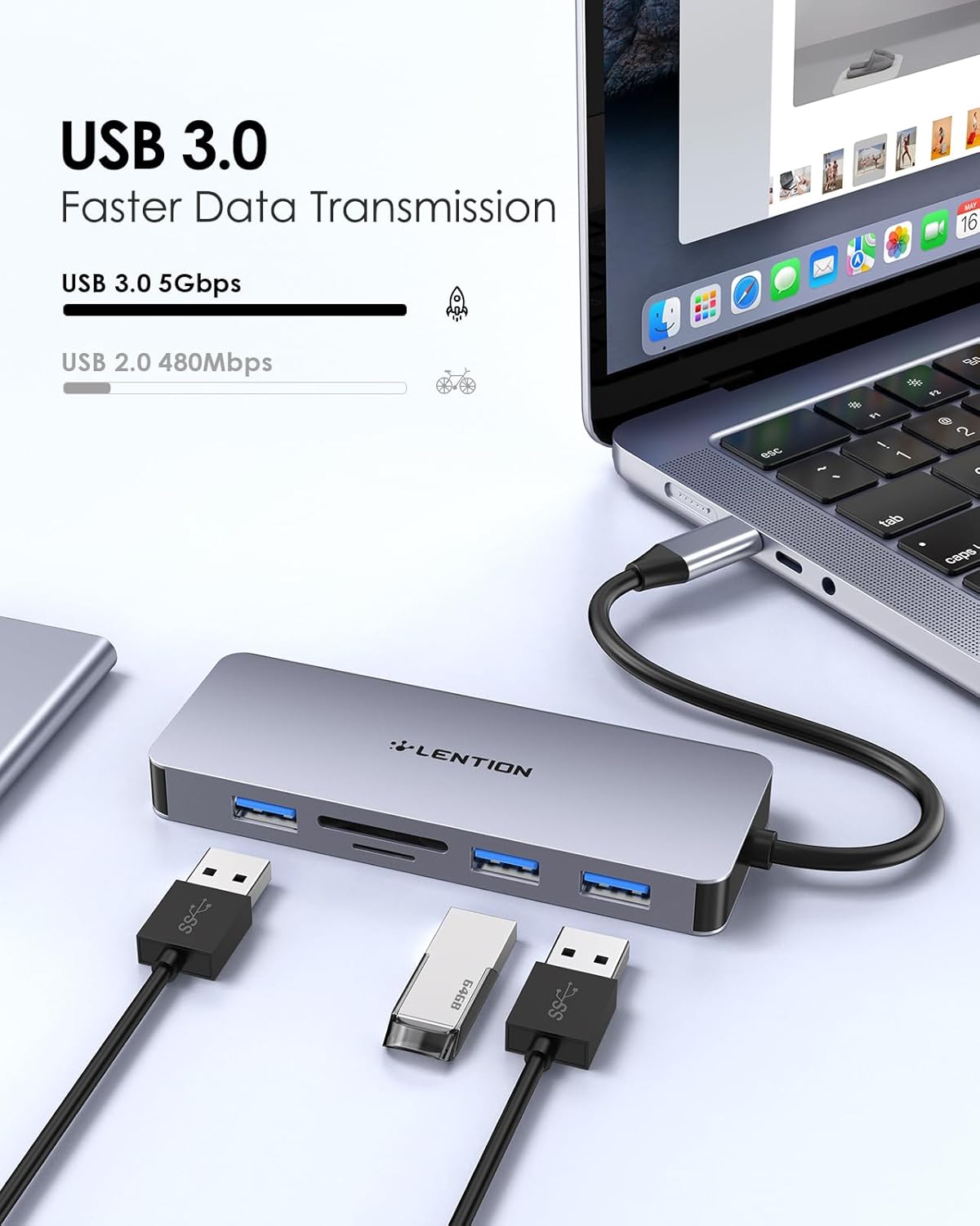 LENTION USB C Hub with 4K HDMI - 3 USB 3.0, SD/Micro SD Card Reader for MacBook Pro & Air