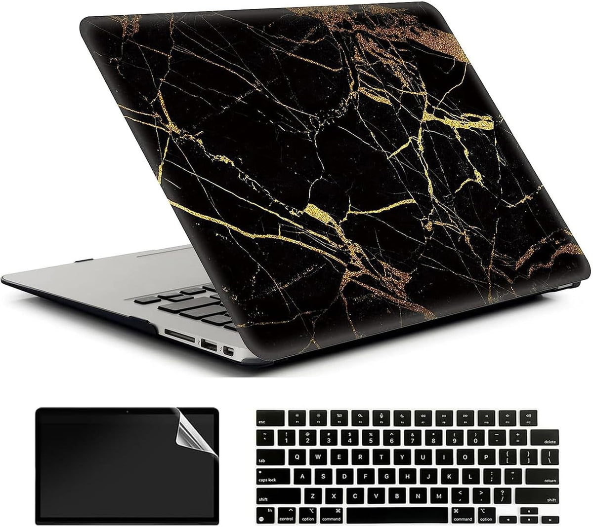 Black Gold Marble Laptop Cover Compatible with MacBook Air 13/13.3 Inch Case 2017 2016 2015 2014 2013 2012 2011 2010 A1466/A1369, AMCJJ Plastic Hard Shell Case & Keyboard Cover &Screen Protector