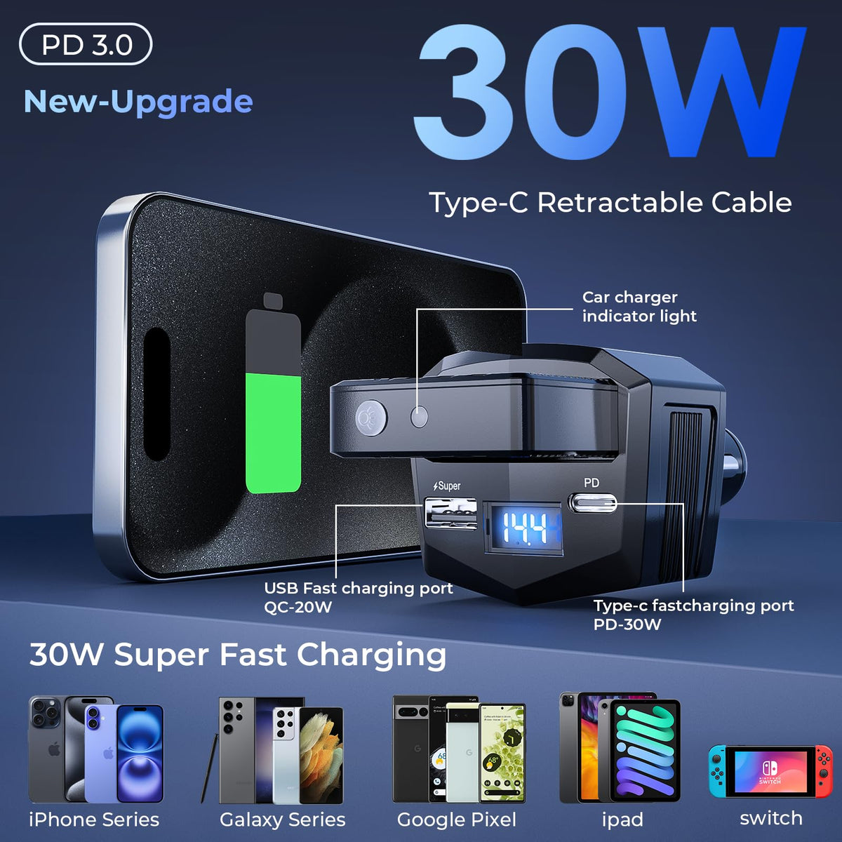 SEEKEVEN Cell Phone Car Charger with 3000mAh Power Bank, USB C Car Accessories Adapter for iPhone 17 USB C Charger Fast Charging, Travel Essentials