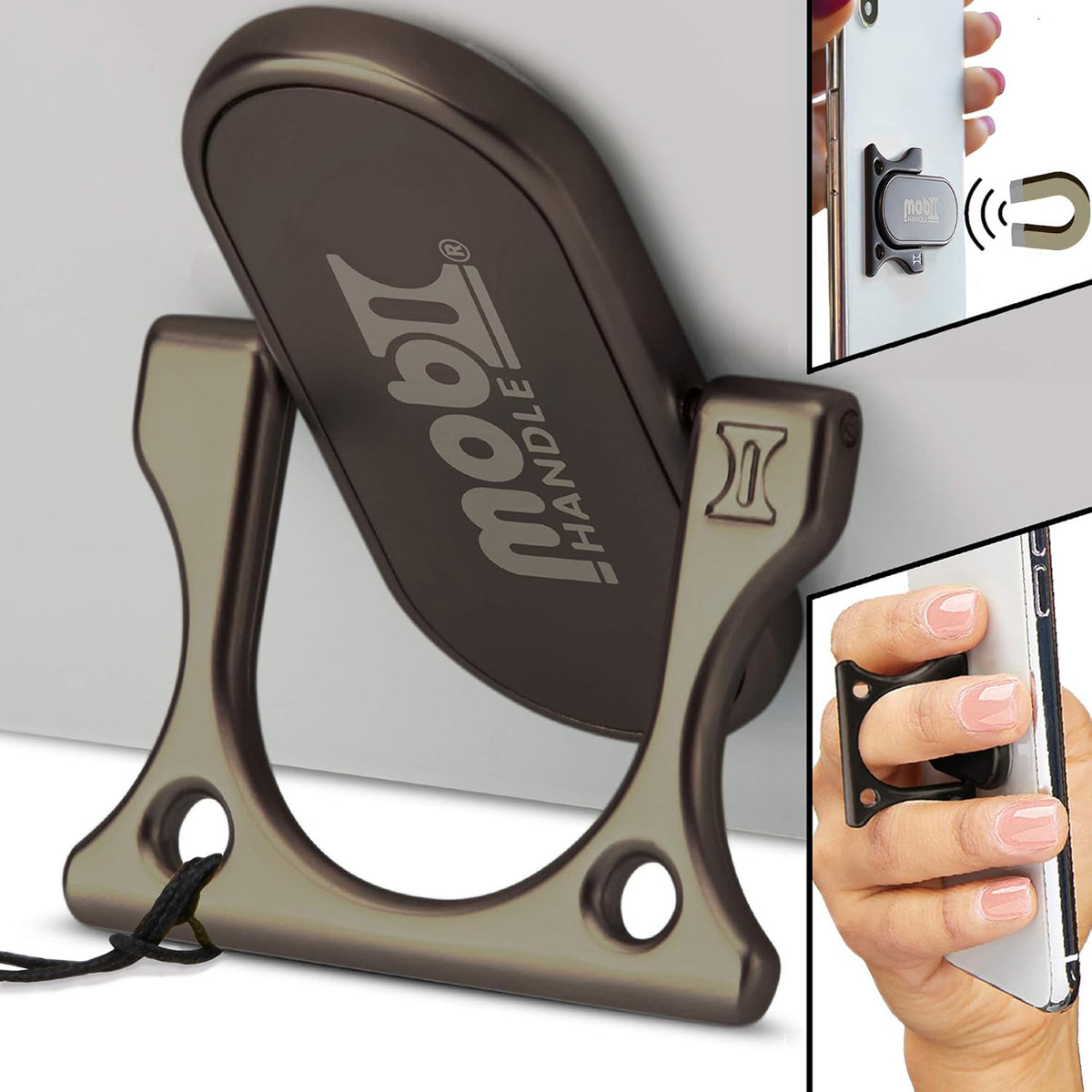 Phone Grip Holder Ring Kickstand, Unique 3-Finger Shape for Comfort & Security, Lightweight, Durable [Gun Black]