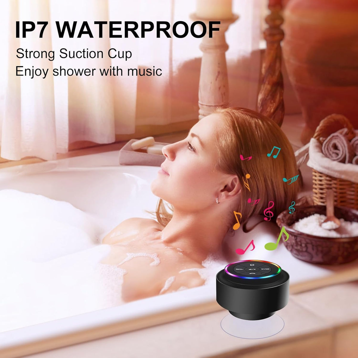 Bluetooth Waterproof Shower Speaker, Portable Wireless Speaker with Suction Cup, Small Speaker with Colorful Lights,