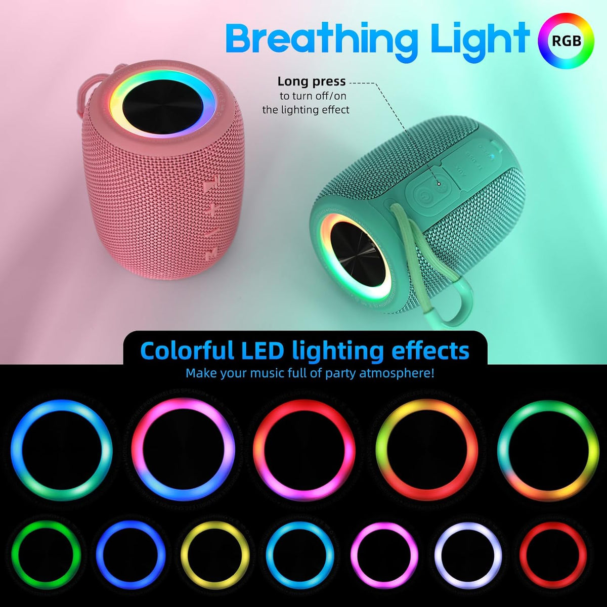 Portable Bluetooth Speaker, BT5.3 Wireless Speaker 20W Bass Diaphragms with Multi LED Light Dynamic Modes, IPX6 Waterproof 16H Playtime supports FM Mode, TF, USB for Home, Cycling, Outdoor, Beach