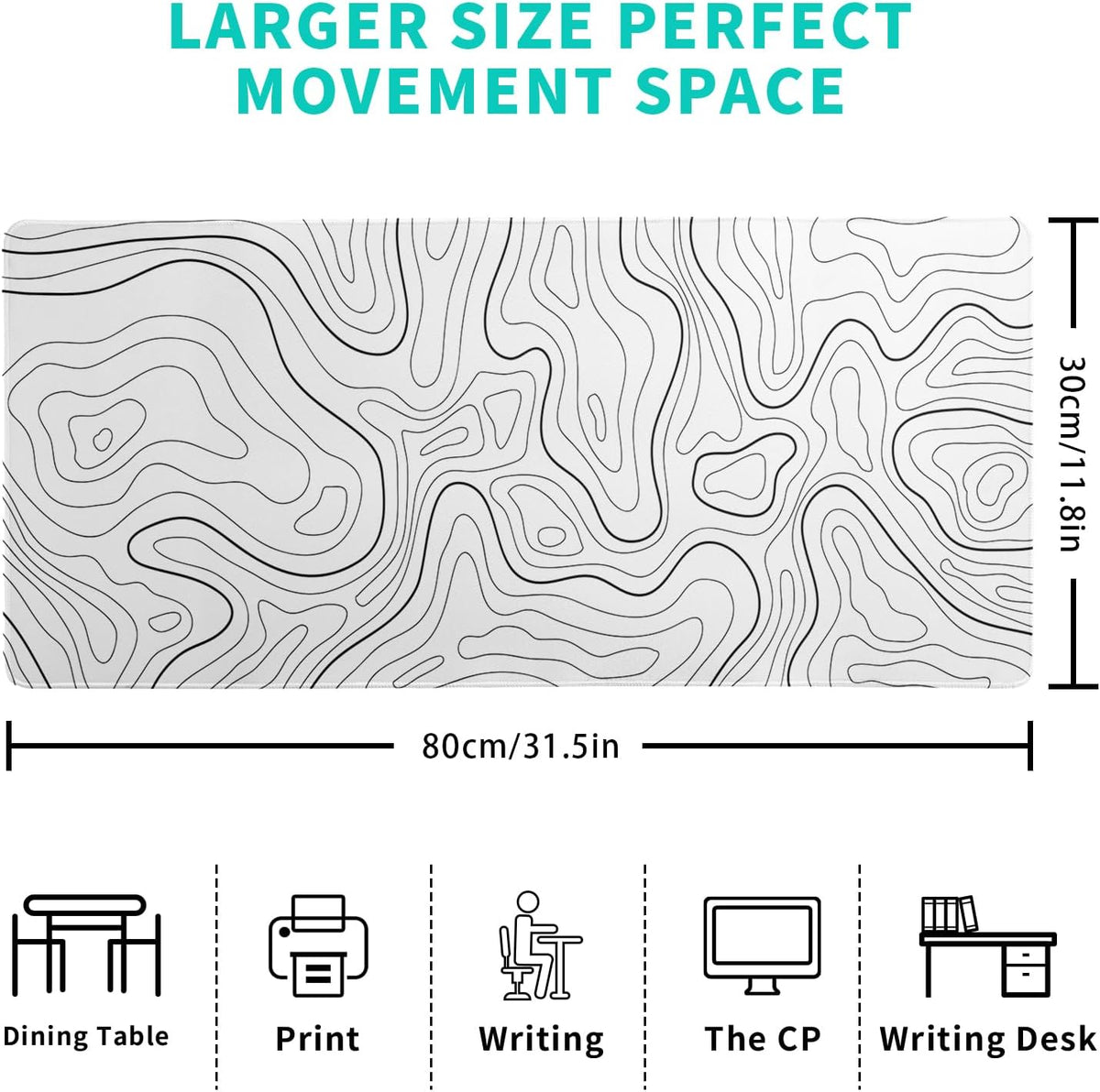 Topographic Contour White Gaming Mouse Pad XL Geographic Map Lines Extended Big Large Desk Mat Non-Slip Rubber Base Stitched Edge Long Keyboard Mousepad for PC Computer Laptop,31.5x11.8 Inch
