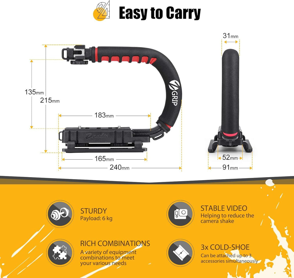 Zeadio Video Action Stabilizing Handle Grip Handheld Stabilizer with Cold-Shoe Mount for All DSLR Camera Camcorder