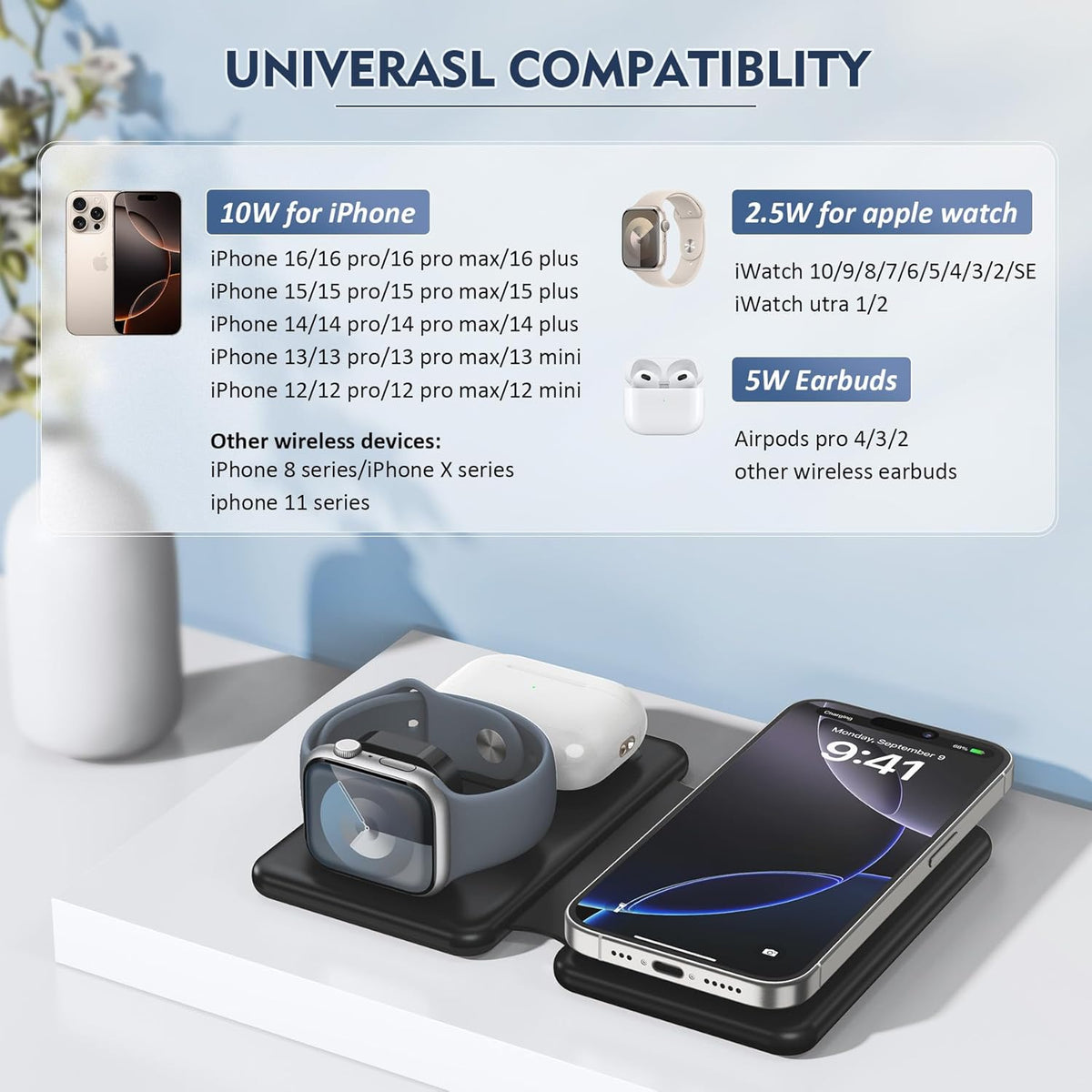 Wireless Charger iPhone - 3 in 1 Charging Station for Apple Devices for iPhone 16 15 14 13 12 Pro Max Plus - Foldable Magnetic Charging Pad for Apple Watch Series & Airpods Series