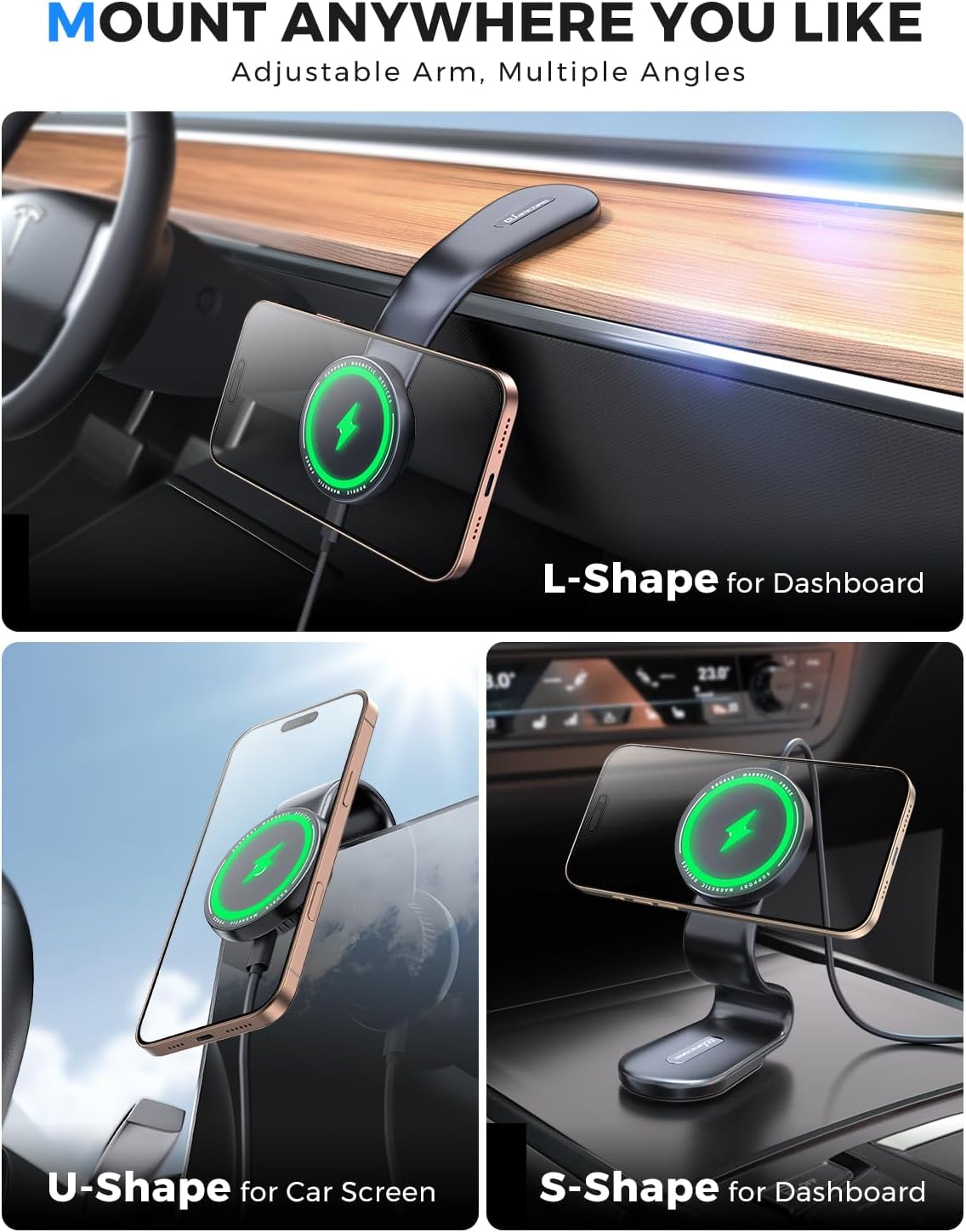 eSamcore for Magsafe Car Mount Charger, Wireless Magnetic Car Phone Holder Detachable 15W Fast Charging for Dashboard with Bendable Aluminum Arm Only Fit iPhone 16 15 14 13 12 Pro Max Mini