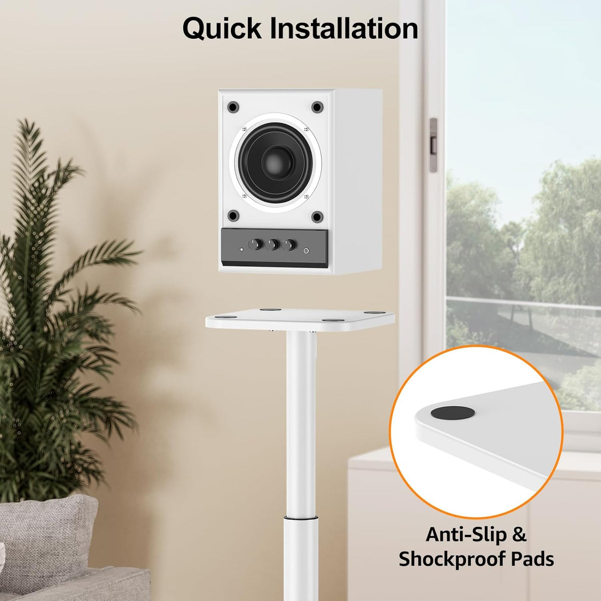 ELIVED Universal Speaker Stands Height Adjustable 28"-37.4", Bookshelf Speaker Stand Pair for Satellite Studio Large Speakers Up to 22 lbs, Surround Sound Speaker Stand with Cable Management, White