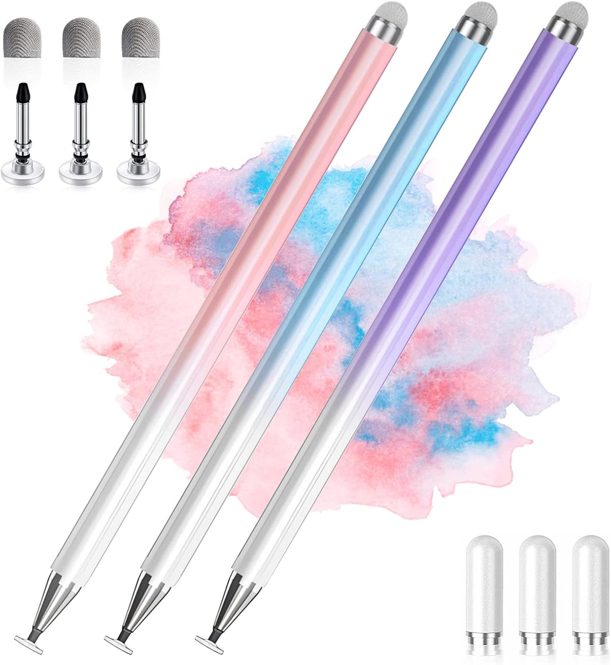 Stylus Pens for Touch Screens, 2 in 1 High Precision Universal Stylus Pen for iPad Compatible with Apple, iPhone, iPad, Android, Microsoft Tablets, Phones, 3 Pack-Blue, Pink, Purple