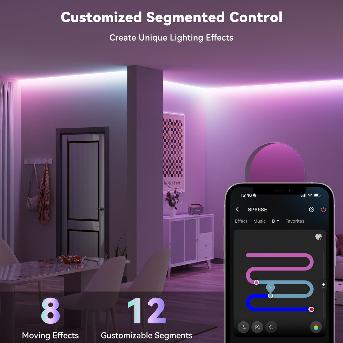 MIWISE LED Strip Lights,RGB Smart IC COB LED Strip Light Color Chasing,24ft Multicolor Flexible LED Tape Light,Music Sync with APP Control,Addressable