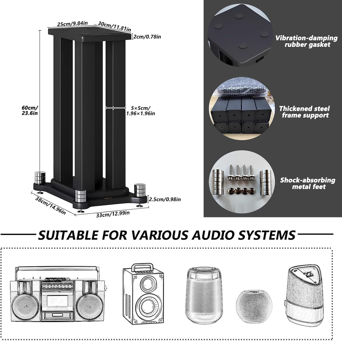 A Pair of Speaker Stands, Bookshelf Speaker Stand Steel Frame Support for Speakers up to 40 kg, Vibration-Absorbing MDF Design, Universal Speaker Stand Improves Sound Quality (50cm/19.6in)