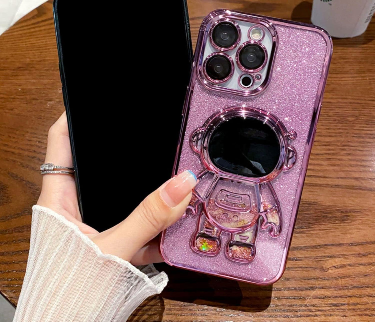 Astronaut iPhone 12 Case - Pink Kickstand Cover with Camera Protector & Folding Bracket - Pink Bumper & Back.