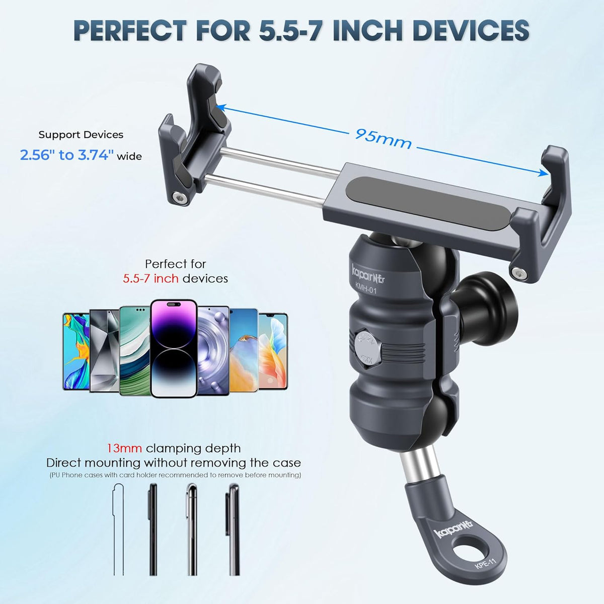 Motorcycle Phone Clip Kit, Anti-Theft Double Socket Arm/Angled Bolt-Head Adapter Ball Base for Mirrors Lever or Round Bar, Suitable for Width of 2.56-3.74" Phone (KPS-04)