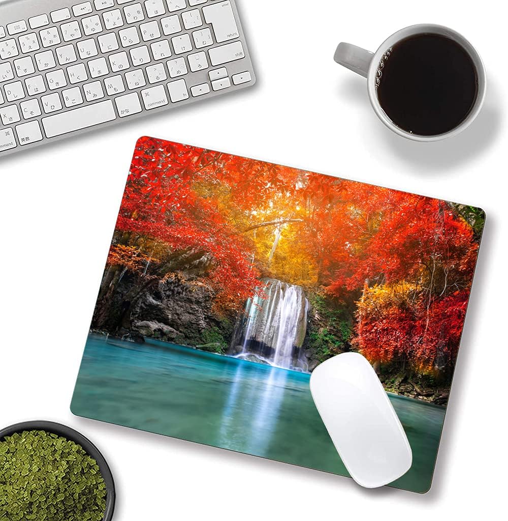 Mouse Pad, Natural Landscape Mouse Mad, Square Waterproof Mouse Pad Non-Slip Rubber Base MousePads for Office Laptop, 9.5"x7.9"x0.12" Inch(Waterfall in Autumn Forest)