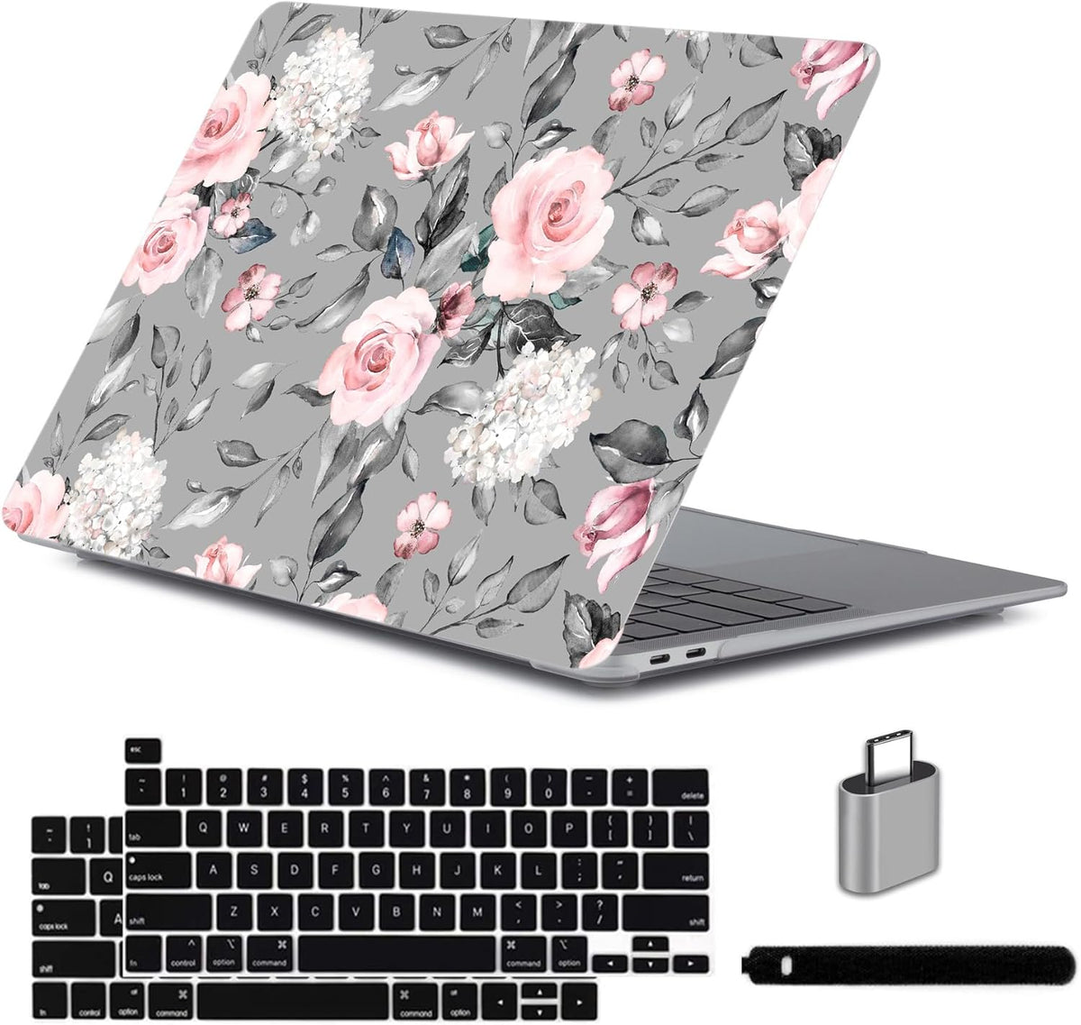 LanBaiLan Compatible for MacBook Pro 13 inch with Touch Bar 2022 2021 2020 2019 2018 2017 2016 Release M1 M2 A2338 A2289 A2251 A2159 A1989 A1706 A1708 Protective Case & Keyboard Cover, Grey Flowers