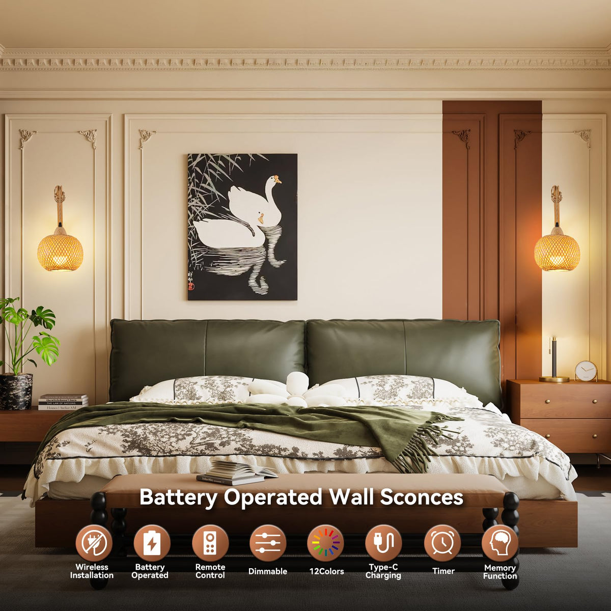 Rizzyluz Battery Operated Wall Sconces Set of 2 with Remote, Boho Bamboo Rechargeable Rattan Wall Lights, Wireless Wall Lighting Fixtures for Bedroom
