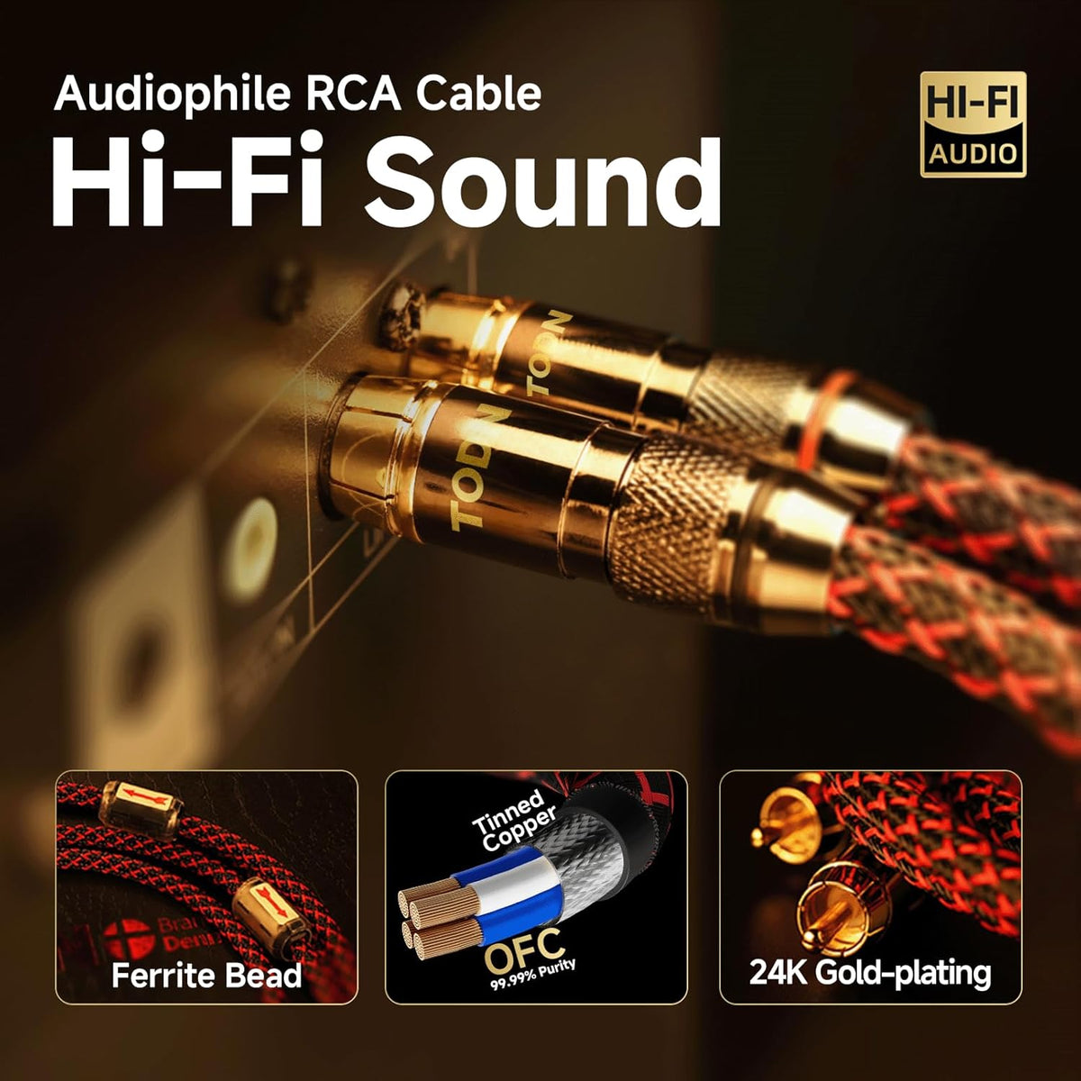 TODN RCA Cables for Audiophile 3ft HiFi Stereo Shielded RCA to RCA Audio Cable for Car, Subwoofer, 4-Core OFC, 5μ Gold Plated Plug (3 foot/1m, 1 Pair)