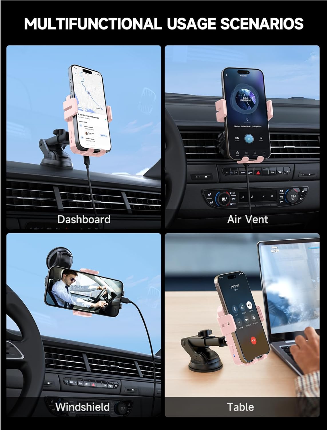 MOKPR Wireless Car Charger, 15W Auto Clamping Car Charger Dash Windshield Air Vent Phone Holder Compatible with iPhone 16 15 14/13/13 Pro/12 pro/12/11/X/8, Samsung S24/S23/S22, Pink