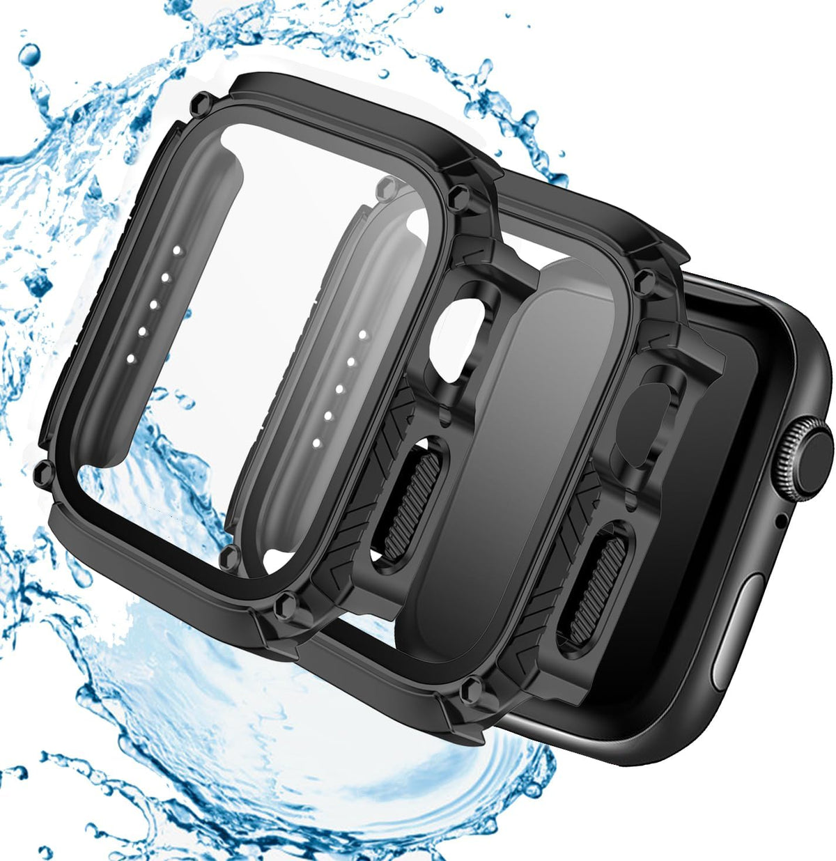 2-Pack Waterproof Case for Apple Watch Series 9/8/7, Ultra-Thin Tempered Glass Screen Protector for 41mm (Black)