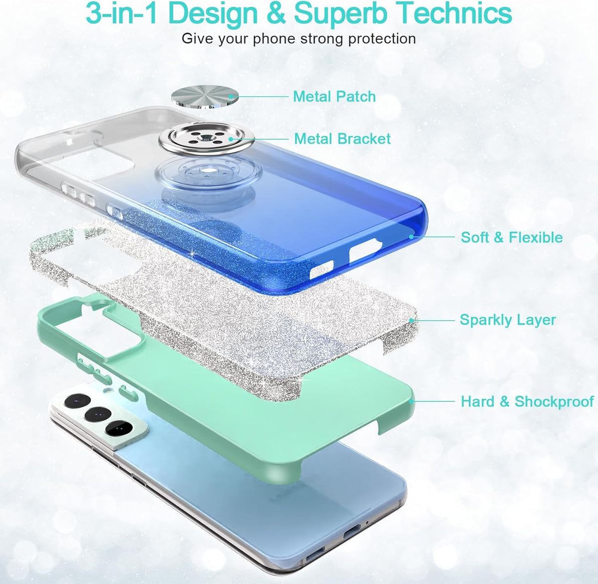 Galaxy S22 Case, Slim Fit Glitter Sparkly Cover with 360° Ring Holder Kickstand for Girls Women (Blue)