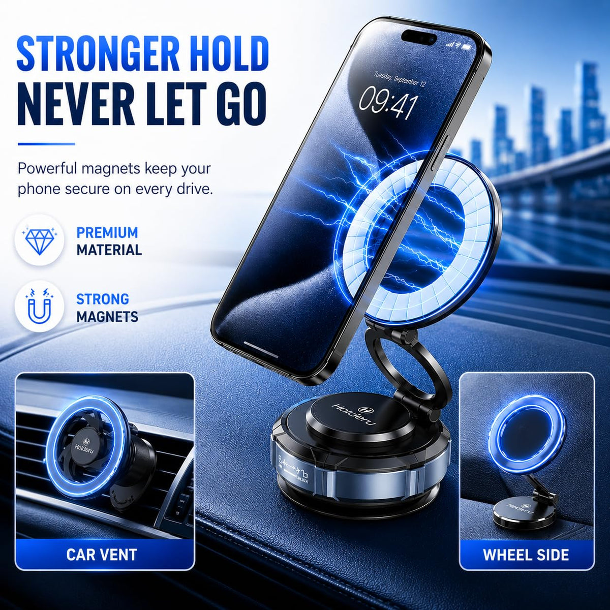 Magnetic Car Phone Mount for MagSafe - 3 Holder Bundle (Dashboard, Air Vent & Steering Side) Strong Magnetic Hold with Premium Build Quality - Car