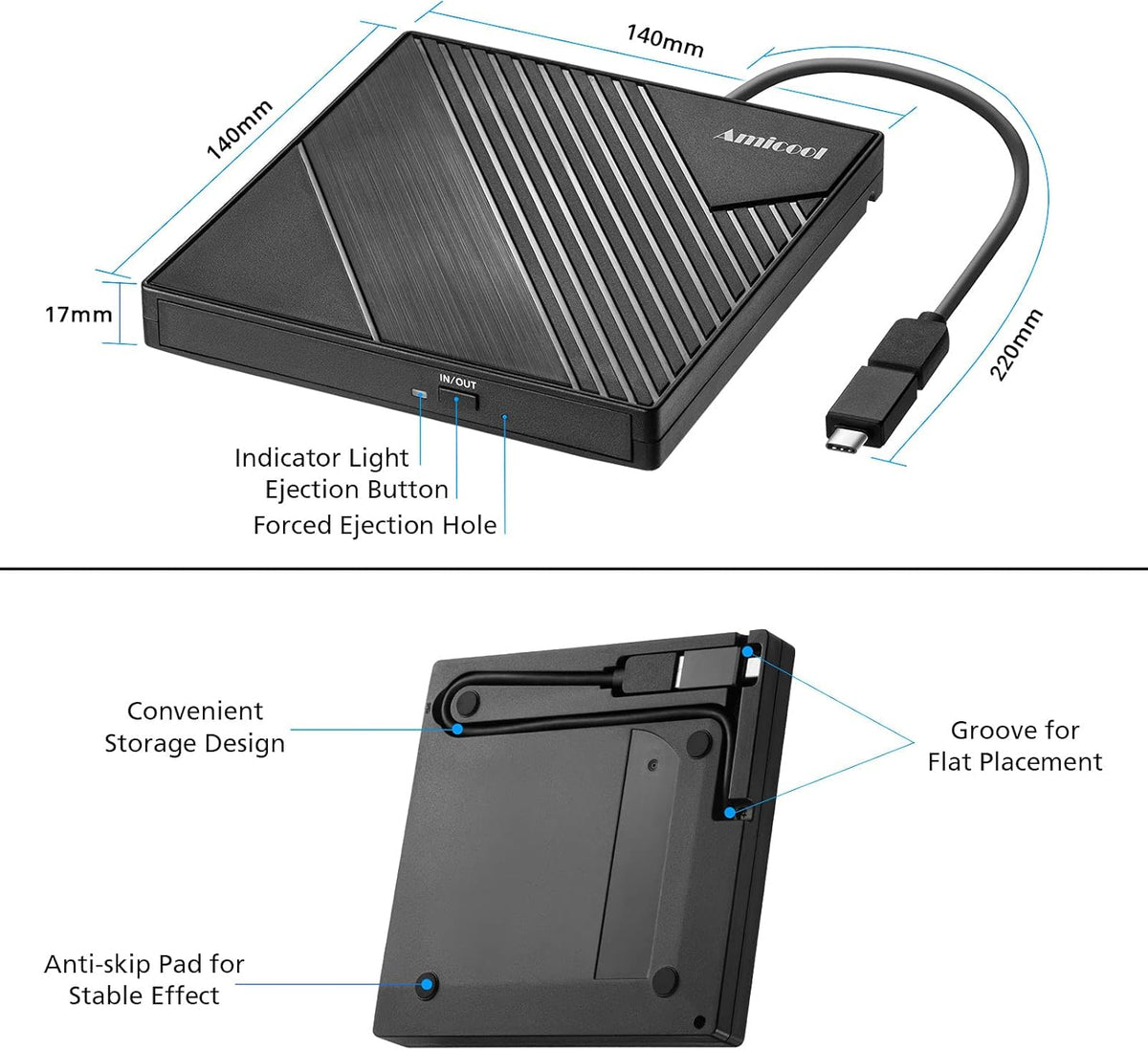 Amicool 3.0 11/10/8/7 External DVD Drive USB USB C CD Burner CD/DVD +/-RW Optical Drive, Slim Portable DVD CD ROM