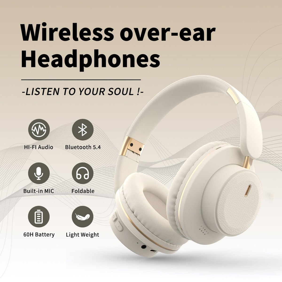 KUUCAT H9 Wireless Over-Ear Headphones with HiFi Surround Sound and 1.5m Audio Cable, 30Hr Long Battery Life,Lightweight,Comfortable and Foldable
