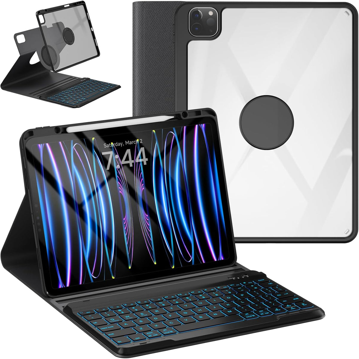 OYEEICE Keyboard Case for iPad Pro 12.9 inch 6th Gen 2022, 5th 2021, 4th 2020, Rotating Detachable Clear Cover with 7 Colorful Backlit Keyboard Wireless, Pencil Holder, Auto Wake/Sleep - Black