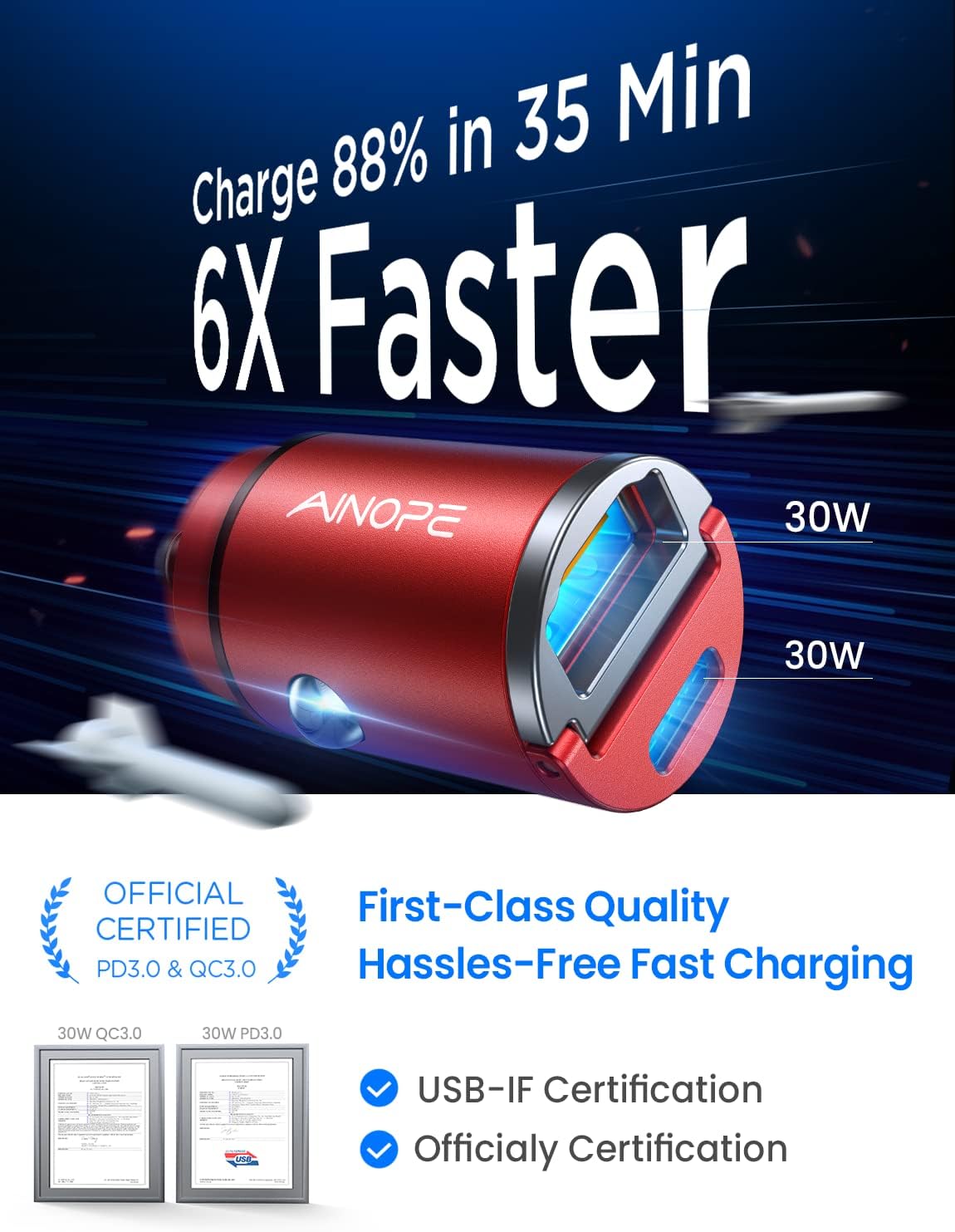 AINOPE USB C Car Charger Adapter 60W, Fast Charging for iPhone, PD 30W & QC 30W USB Car Charger, All Metal Design