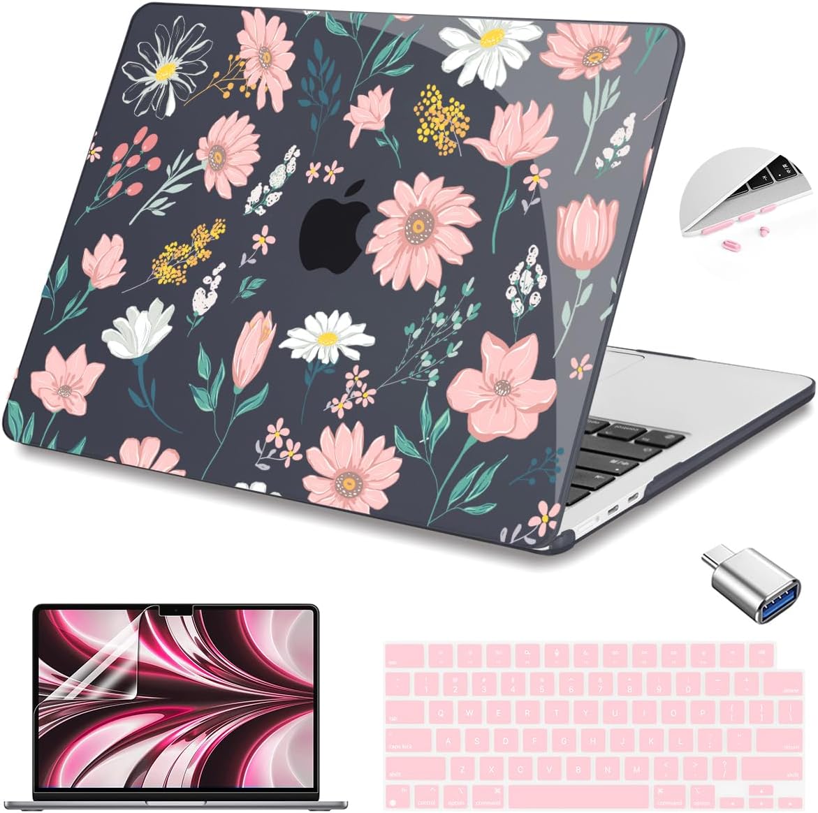 Teryeefi for MacBook Air M4 M3 M2 13 inch Case fits Model A3240 A3113 A2681, Hard Shell for MacBook Air 13.6" 2022-2025 Released with Keyboard Cover+Screen Protector+Type C Adapter, Petal and Flowers