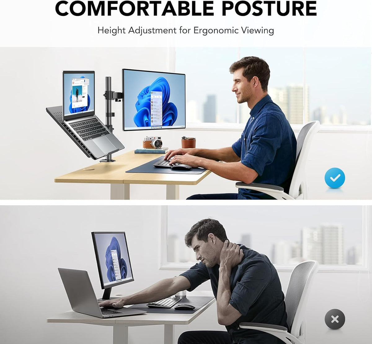 HUANUO Adjustable Monitor Stand, Single Arm Desk Mount for 32 inch Screen and 17 inch Laptop, Heavy Duty Ergonomic Bracket Holds 22lbs