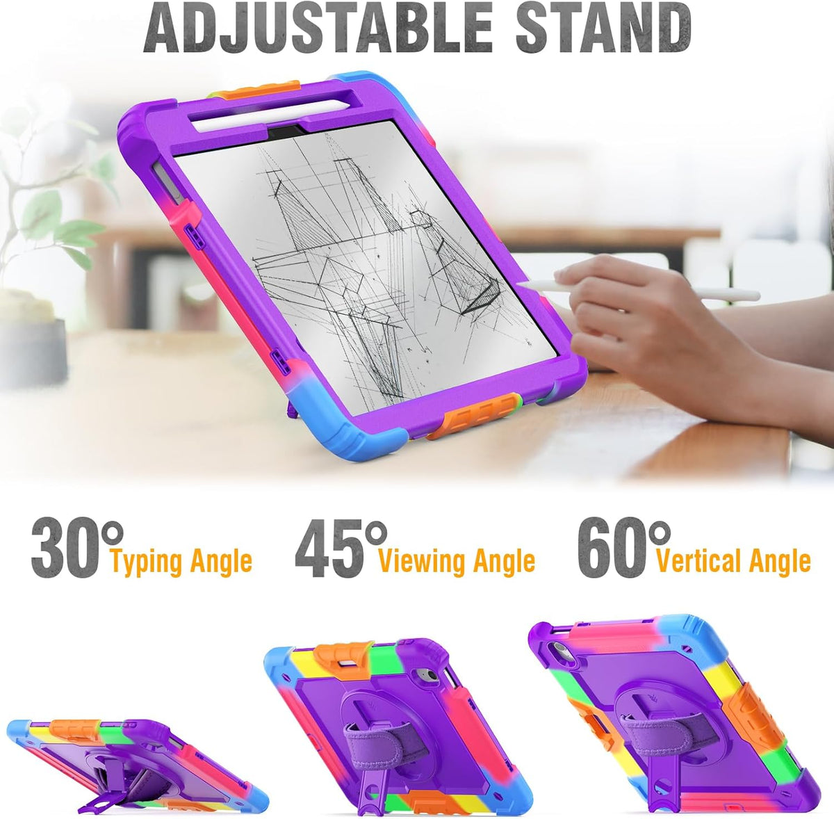 HXCASEAC Case for iPad Air 11 inch (2025 M3 / 2024 M2), Shockproof Design with Pencil Holder/Screen Protector/Rotating Hand Strap, Protective Cover for iPad Air 7th/6th Generation - Purple