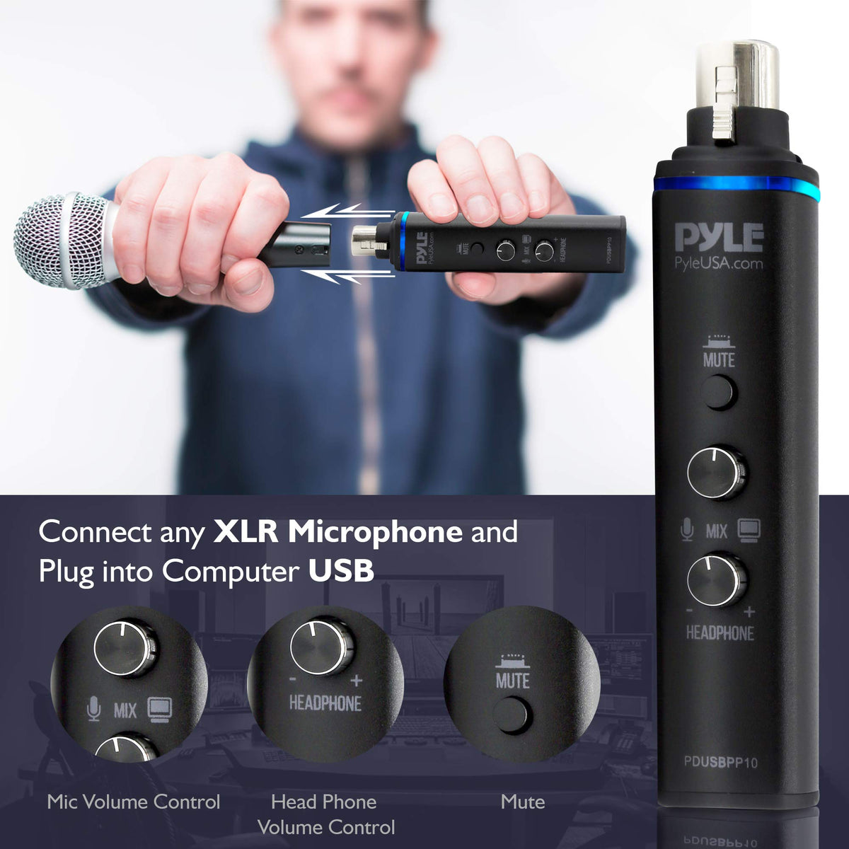 Pyle Microphone XLR-to-USB Signal Adapter - Universal Plug and Play XLR Mic to PC Adaptor for Digital Recording w/ Mix Audio Control, +48V Phantom