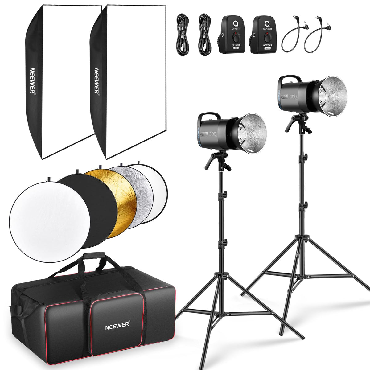 NEEWER 600Ws Studio Monolight Flash Light Kit: 2 Pack S101-300W PRO 5600K Strobe Lights with 2.4G Trigger/150W Modeling Lamps/Bo
