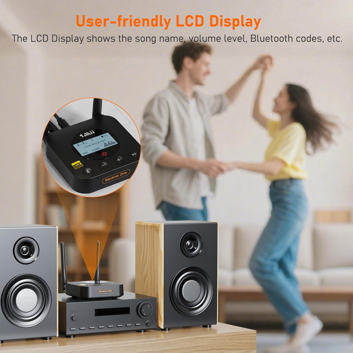 1Mii B06Pro+ Hi-Fi Bluetooth 5.1 Audio Receiver, LDAC Hi-Res Wireless Audio Adapter for Home Stereo w/aptX HD Low Latency, LCD Display, Long Range, Volume Control, 3.5mm AUX Optical Coaxial