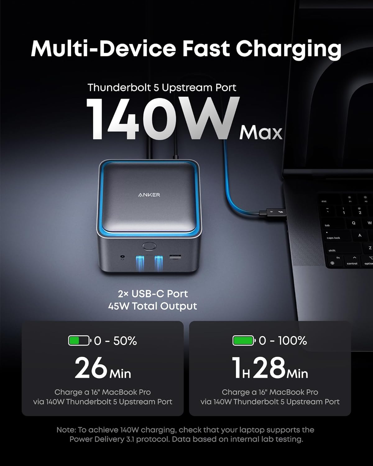 Anker Prime TB5 Docking Station, 14-in-1 Thunderbolt 5 Dock with 120Gbps Max Transfer, Thunderbolt Dock with 140W Max Charging, Cooling System, Ambient Lighting, Up to 8K for TBT 5/4 Laptops
