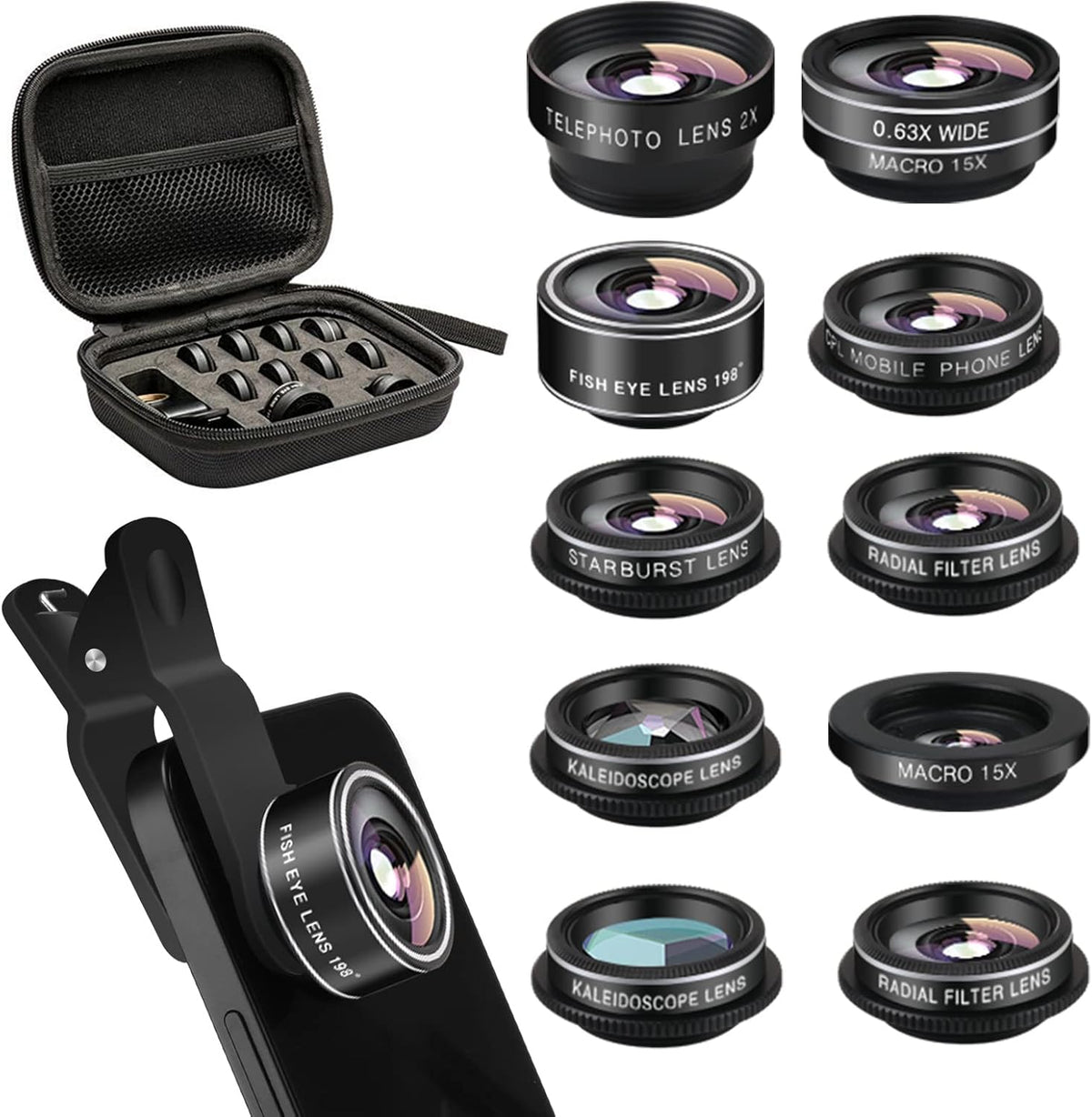 Cell Phone Camera Lens Kit - 11 in 1 Super Wide Angle, Macro, Fisheye, Telephoto, CPL & More for iPhone/Samsung