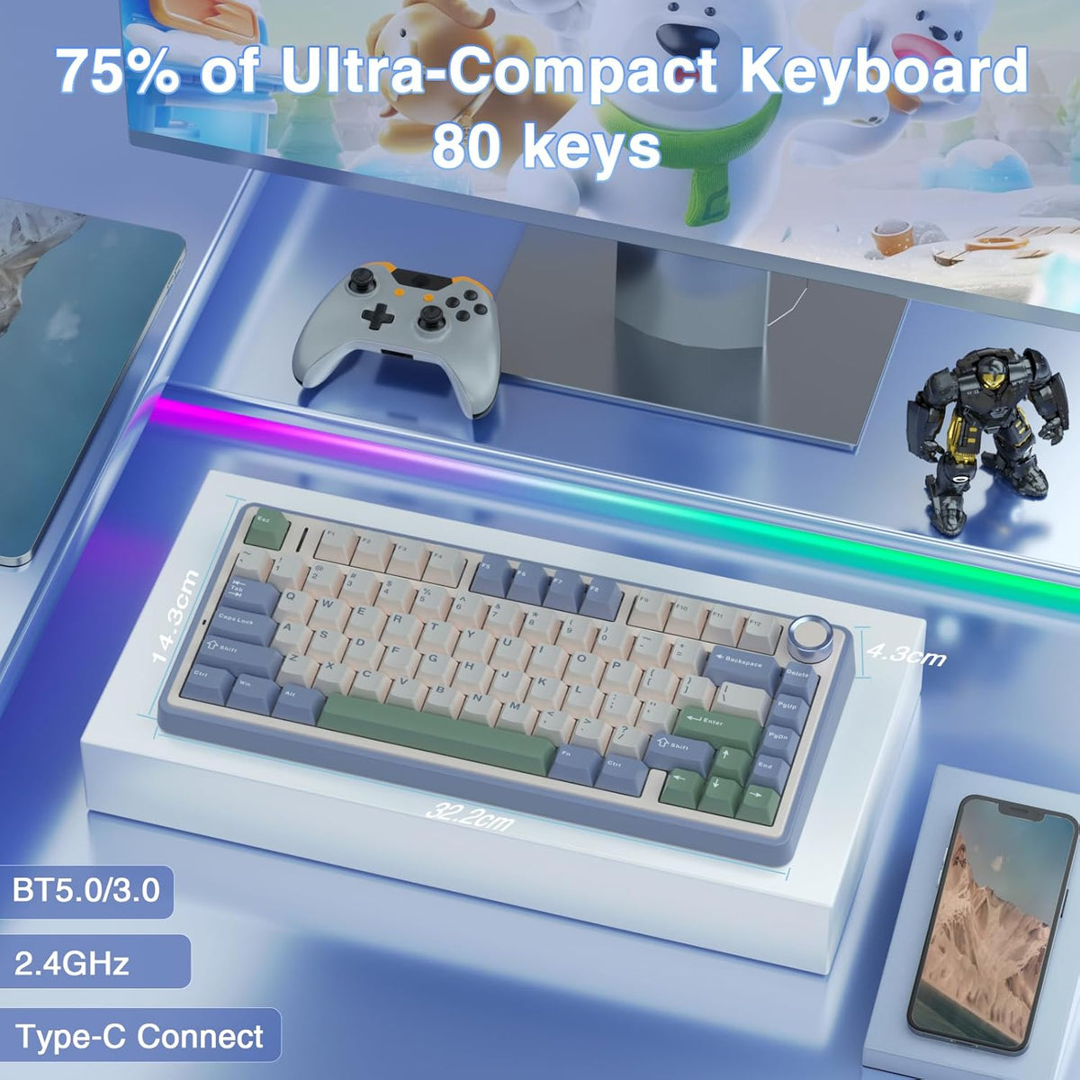 AULA F75 75% Wireless Mechanical Keyboard, Hot Swappable Creamy Keyboard, Pre-lubed Reaper Switches RGB Backlit Gaming Keyboards, 2.4GHz/Type-C/BT5.0(White & Green)