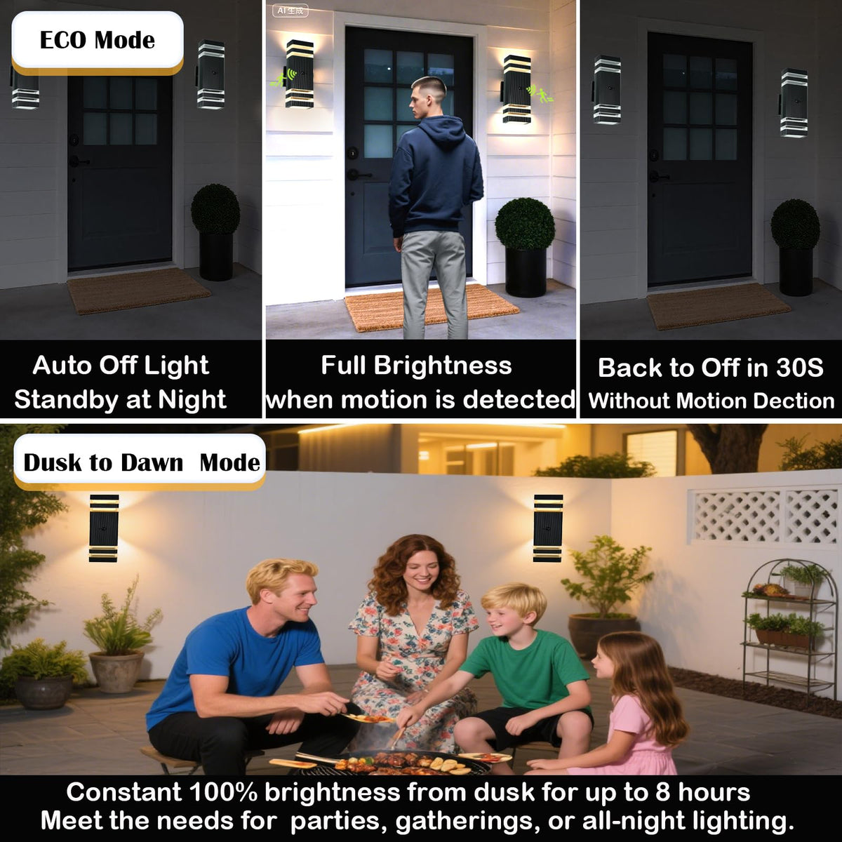 iYogaled Motion Sensor Outdoor Wall Lights with 3 Lighting Modes, Dusk to Dawn Porch Light with Bulbs Include, IP65 Waterproof Modern Black Wall