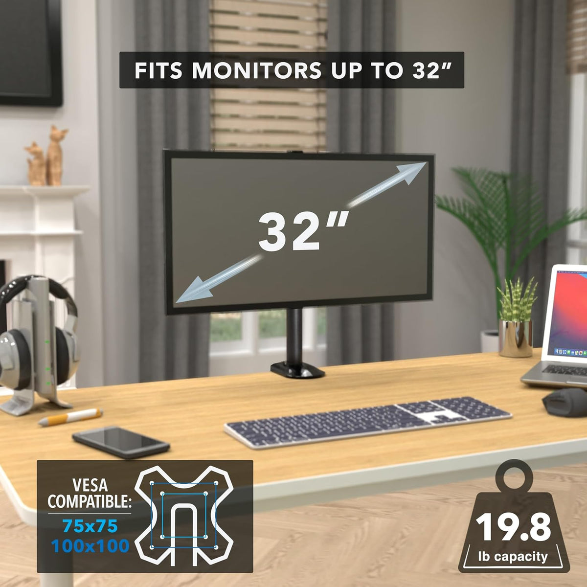 Mount-It! Single Monitor Desk Mount – Computer Screen Stand with Full Motion Adjustability – VESA Monitor Bracket Up to 32" 19.8 lbs – 360° Rotation, 160° Swivel, 40° Tilt – Clamp & Grommet Base