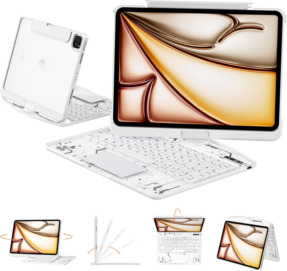 Transparent Case with Keyboard for iPad 9th (7th, 8th, and 9th Gen) 10.2 Inch,with 7-Color Backlit Wireless Keyboard,360°Rotatable Protective Case Multi-Touch Trackpad,with Pencil Holder,White