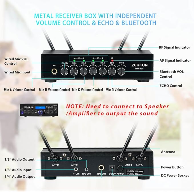 Pro Wireless Microphone System 4 Channel UHF Metal Cordless Handheld Mics with Echo Bluetooth for Church Karaoke Singing 4x50 Adjustable Frequency(MU-898 Battery 4 Handheld)