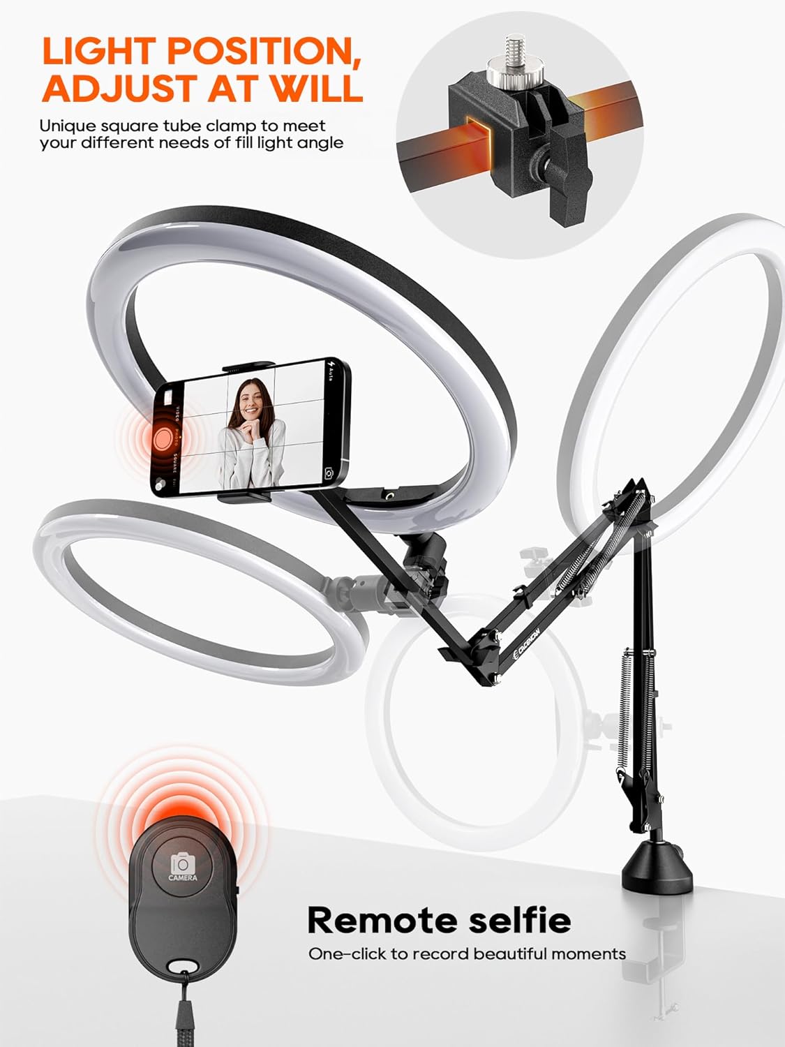 Upgrade Ring Light Overhead Phone Mount, 12”Circle LED Desk Ring Light with Clamp for Video Recording,Flexible Articulating Phone Arm Stand Compatible with iPhone,Live Streaming YouTube Tiktok