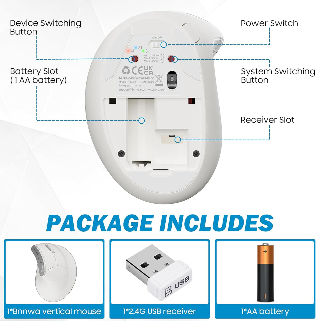 Wireless Vertical Ergonomic Mouse, Multi-Device with Bluetooth + 2.4G Connection, 4 Adjustable DPI for PC, Laptop,