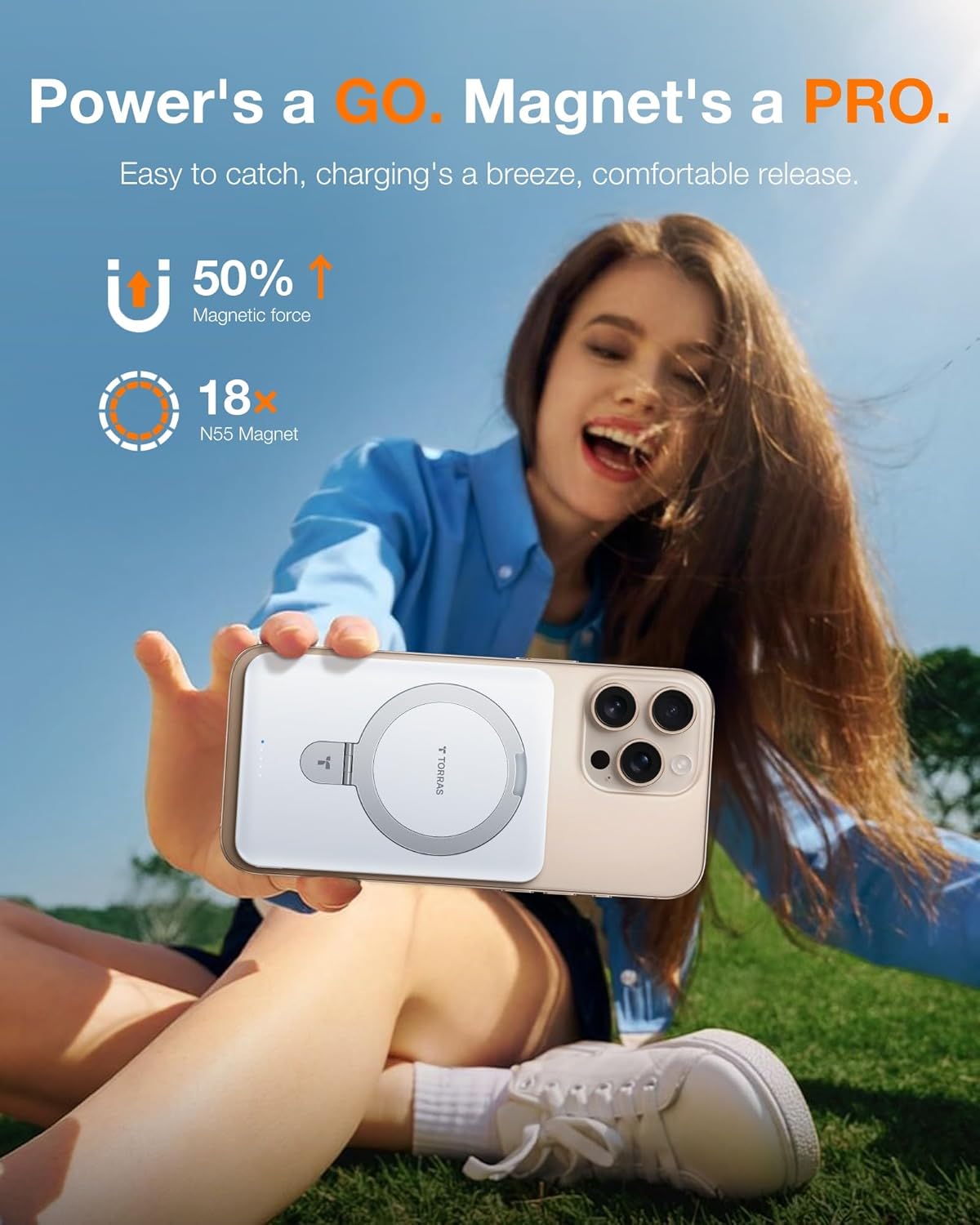 TORRAS 10000mAh Magnetic Portable Charger Power Bank for iPhone, Fast Charging Travel Essential Wireless Battery Pack Slim with OStand Compatible with Magsafe, 16 Pro Max,Pro,15,14,13,12, White