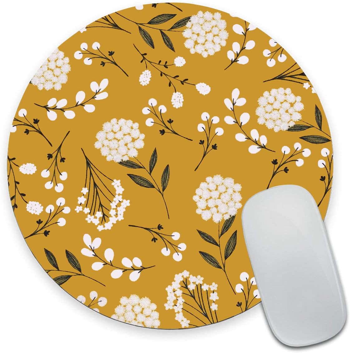 Round Mouse Pad, Cute Floral Mouse Pad with Design, Computer Mouse Mat, Non-Slip Rubber Base Mousepad, Waterproof Women Office Mouse Pads, Yellow Flowers