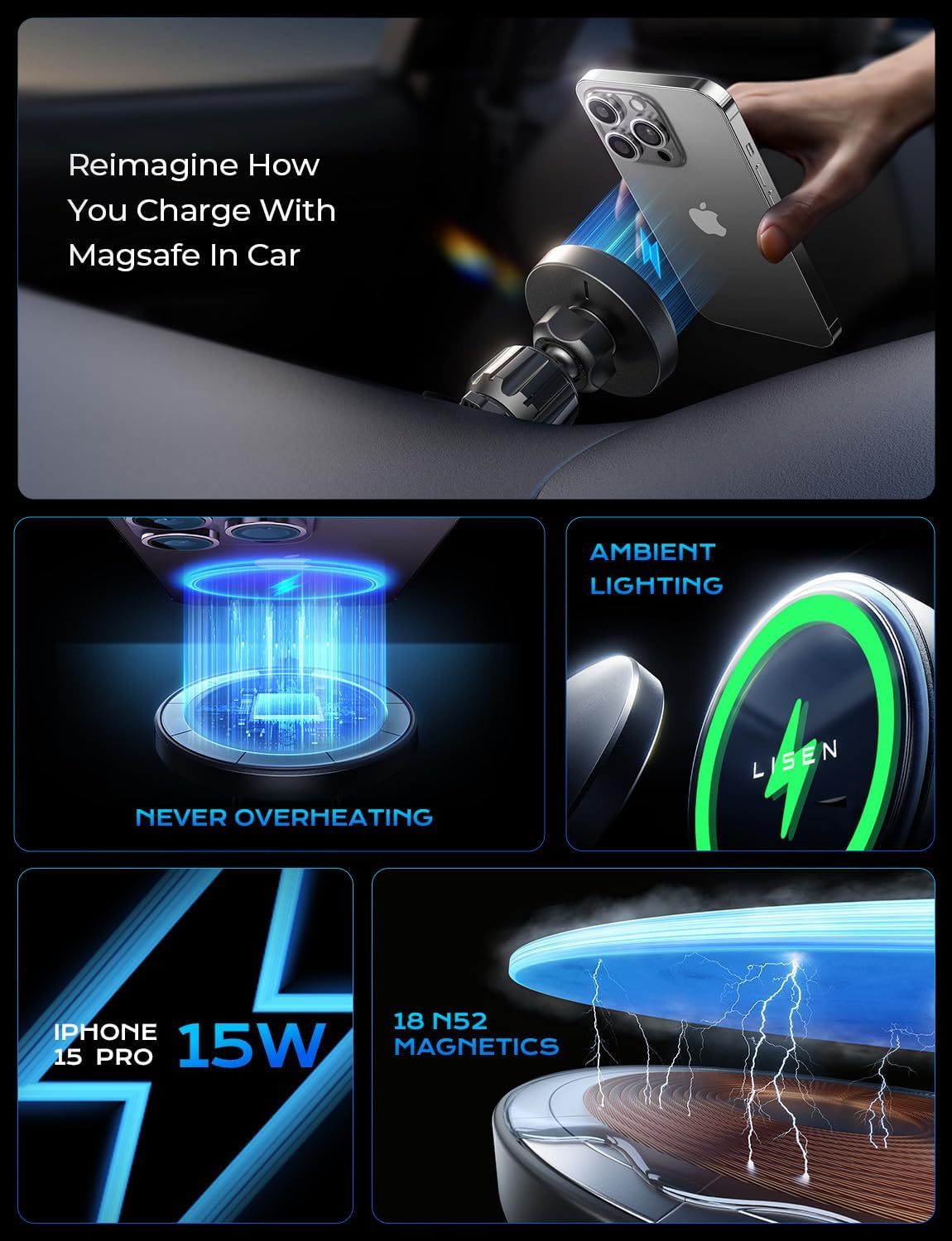 LISEN Super Fast Qi2 15W MagSafe Car Mount Charger - Wireless Charger for iPhone 16/15/14/13/12 Pro Max Plus